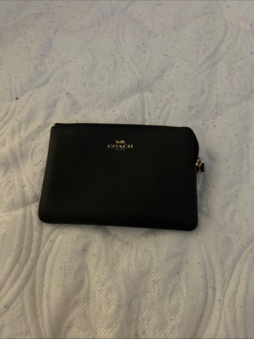 Coach Black Leather Zip Card Case with Gold Logo